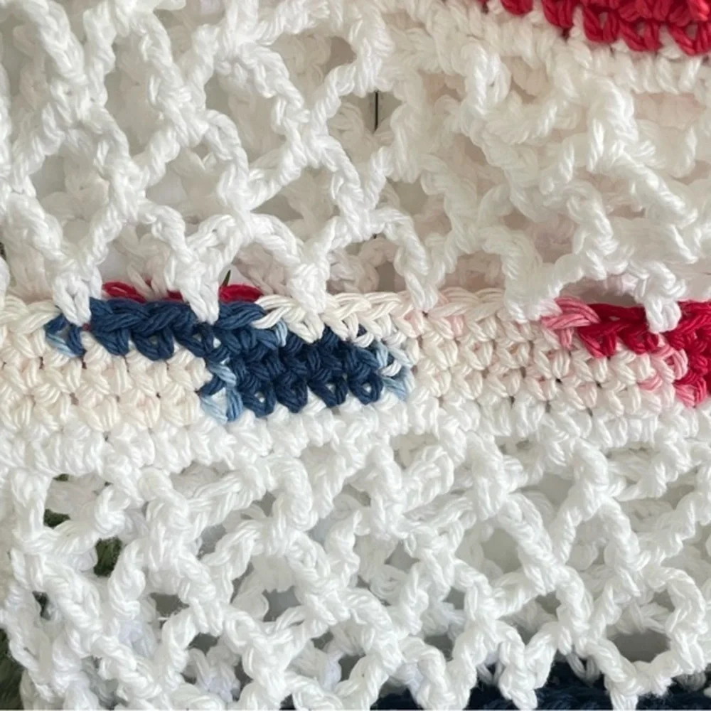 $49 SALE Red White Navy Blue Bottom Tote Bag Purse Cotton Reusable Handmade - Picture 4 of 6